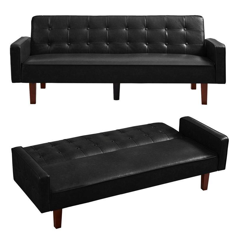 Siyah Suni Deri Kapitoneli Yataklı Masif Ahşap Koltuk - 189 cm - 195922