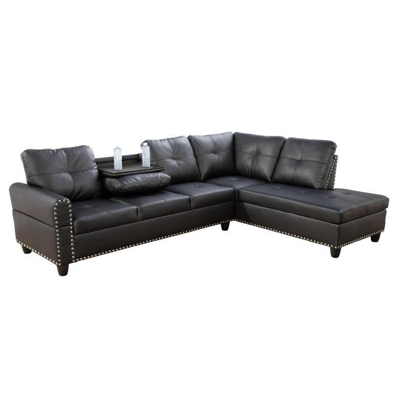Siyah Suni Deri Kapitoneli Zımba Detaylı Bardaklıklı L Köşe Koltuk - 244x173 cm - 194275