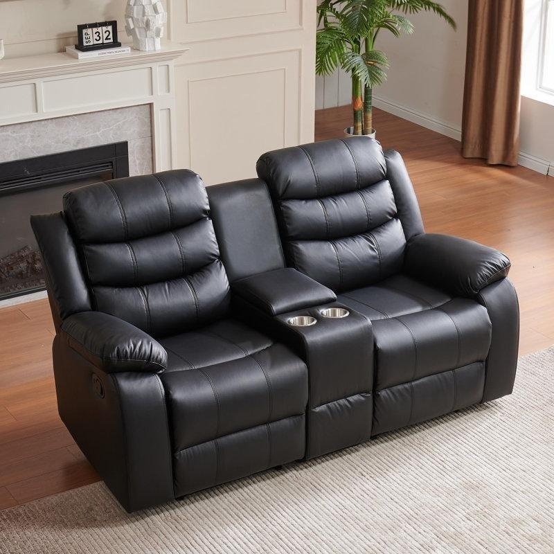 Siyah Suni Deri Konsollu Yatar Mekanizmalı İkili Koltuk - 179 cm - 207594