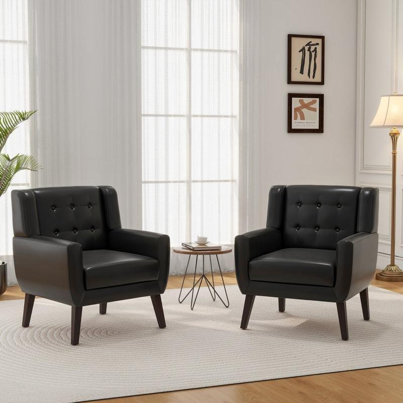 Siyah Suni Deri Masif Ahşap Kapitoneli Kare Kollu Tekli Koltuk Seti 2 Adet - 202371