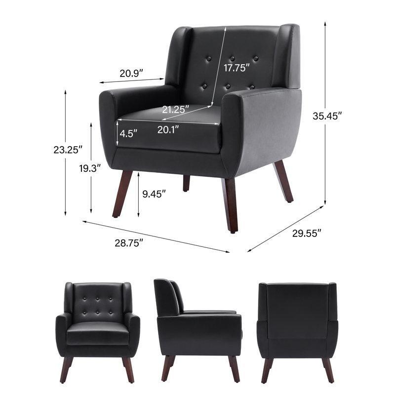 Siyah Suni Deri Masif Ahşap Kapitoneli Kare Kollu Tekli Koltuk Seti 2 Adet - 202371