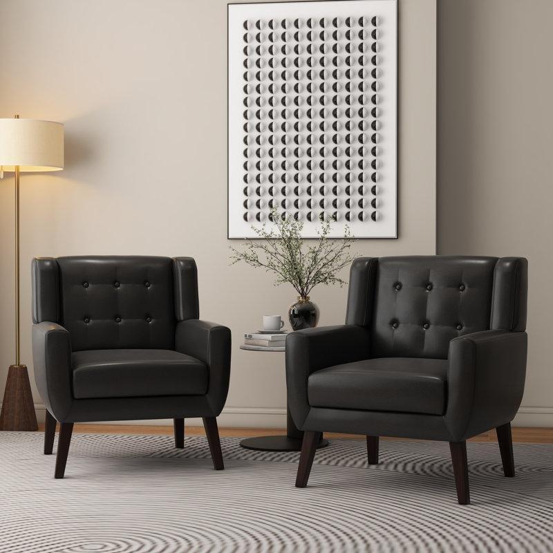 Siyah Suni Deri Masif Ahşap Kapitoneli Kare Kollu Tekli Koltuk Seti 2 Adet - 202371