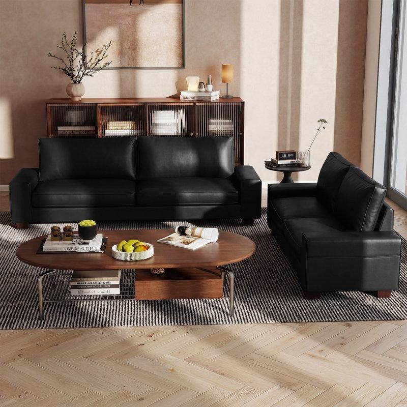 Siyah Suni Deri Masif Ahşap Kare Kollu Saklama Cepli Koltuk Takımı - 192054