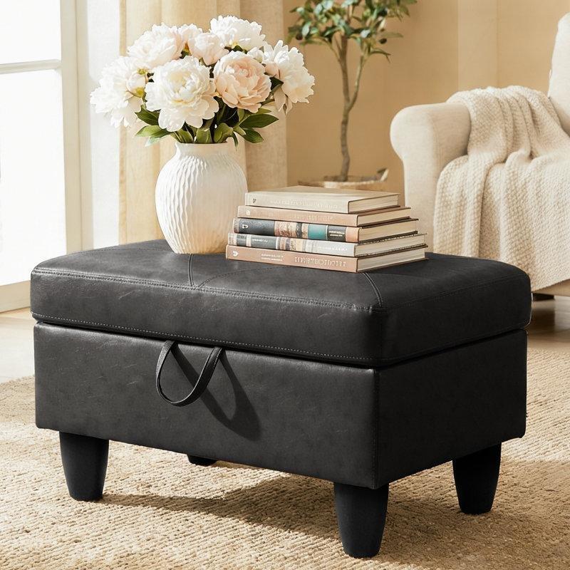 Siyah Suni Deri Masif Ahşap Sandıklı Dikdörtgen Puf Bench - 73x49x45 cm - 165070
