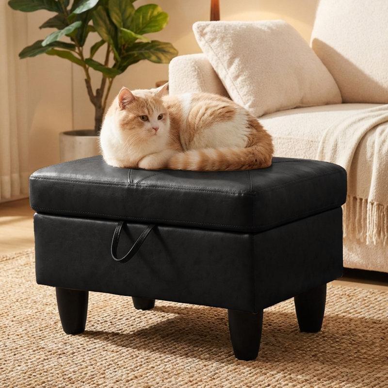 Siyah Suni Deri Masif Ahşap Sandıklı Dikdörtgen Puf Bench - 73x49x45 cm - 165070