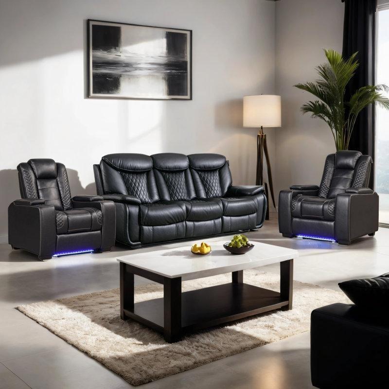 Siyah Suni Deri Mekanizmalı USB Portlu Bardaklıklı Koltuk Takımı - 191170