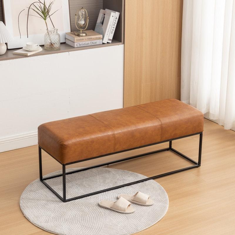 Siyah Suni Deri Metal Kızak Ayaklı Modern Bench - 120 cm - 164737