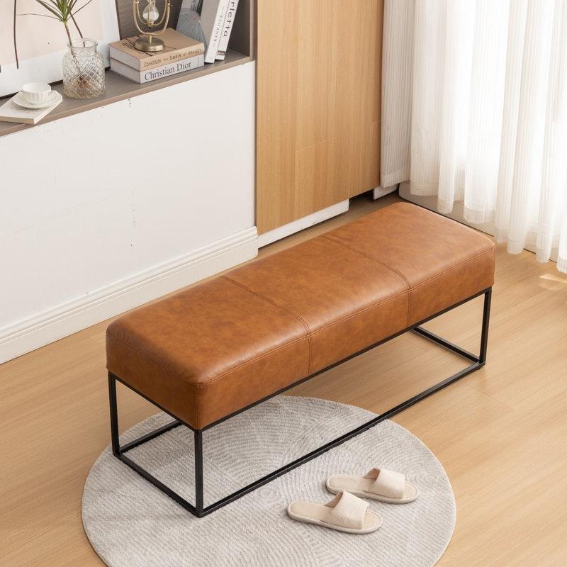 Siyah Suni Deri Metal Kızak Ayaklı Modern Bench - 120 cm - 164737