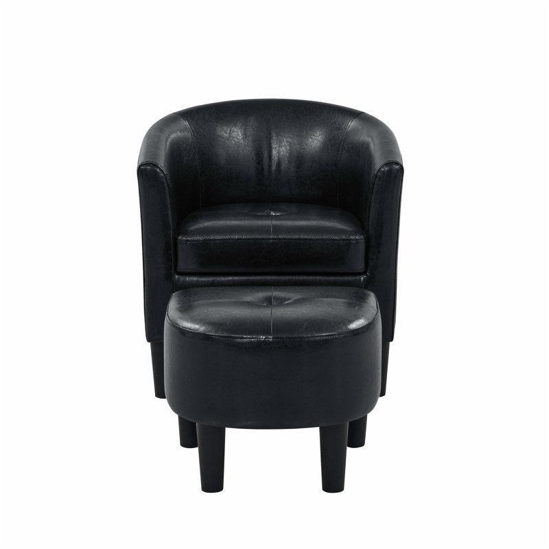 Siyah Suni Deri Puflu Kapitoneli Fıçı Tasarım Tekli Koltuk - 203545