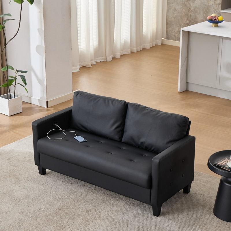 Siyah Suni Deri USB Portlu İkili Koltuk - 145 cm - 206509
