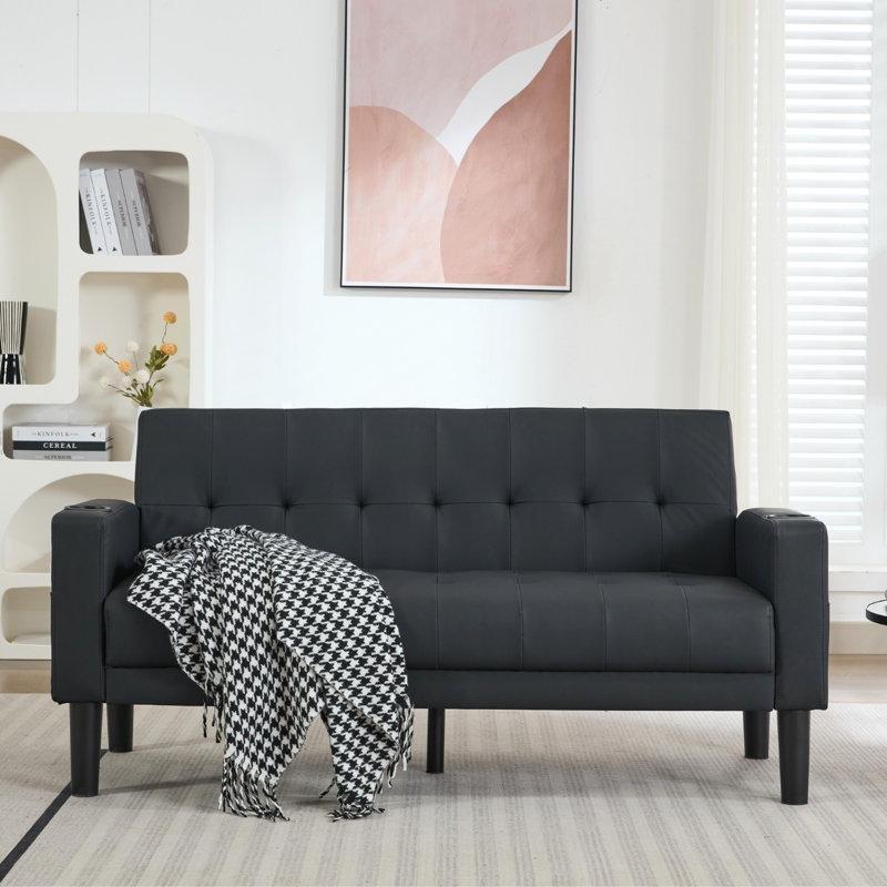 Siyah Suni Deri USB Şarj Portlu Kapitoneli İkili Koltuk - 158 cm - 205673