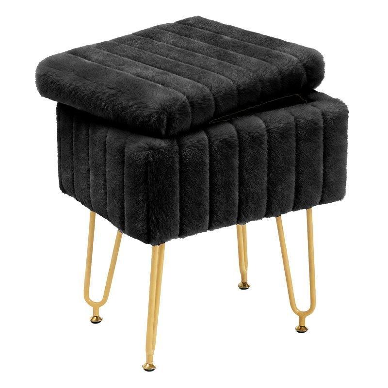 Siyah Suni Kürk Döşemeli Gold Metal Ayaklı Saklama Alanlı Makyaj Masası Pufu - 49x41x31 cm - 232956