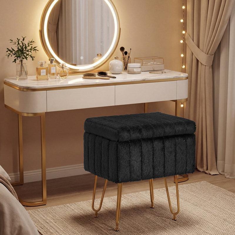 Siyah Suni Kürk Döşemeli Gold Metal Ayaklı Saklama Alanlı Makyaj Masası Pufu - 49x41x31 cm - 232956