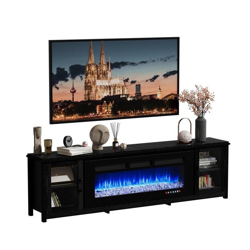Siyah Sunta Elektrikli Şömineli Cam Kapaklı TV Ünitesi - 205 cm - 222018