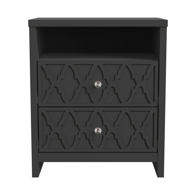 Siyah Sunta İki Çekmeceli Raflı Kristal Kulplu Komodin - 69x58x41 cm - 224172
