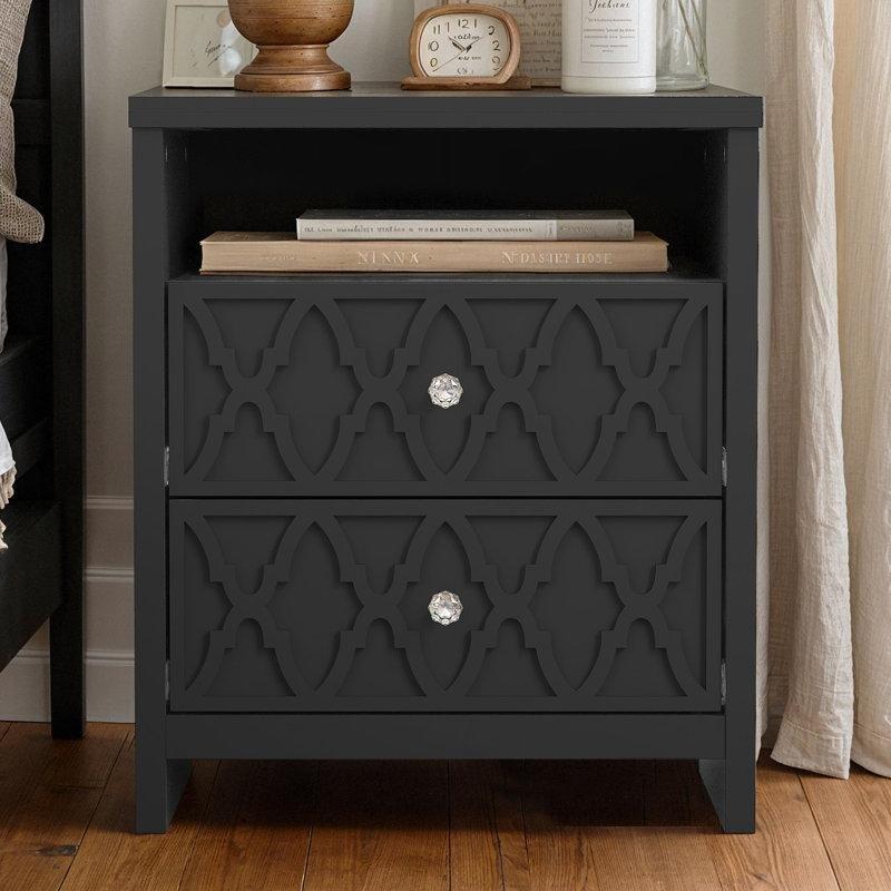 Siyah Sunta İki Çekmeceli Raflı Kristal Kulplu Komodin - 69x58x41 cm - 224172