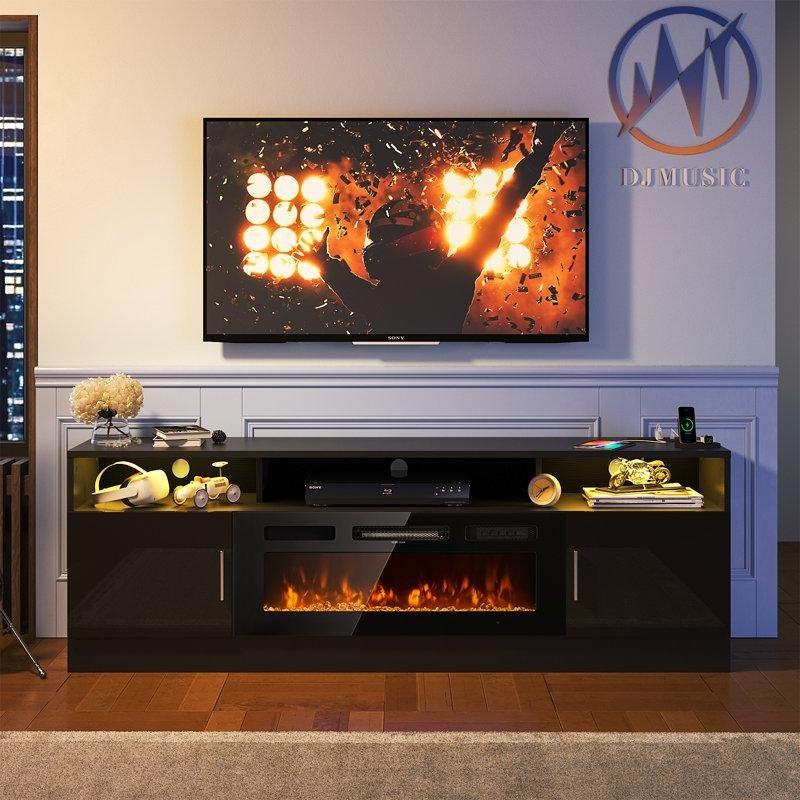Siyah Sunta Şömineli LED Işıklı Prizli Aynalı TV Ünitesi - 201 cm - 222076