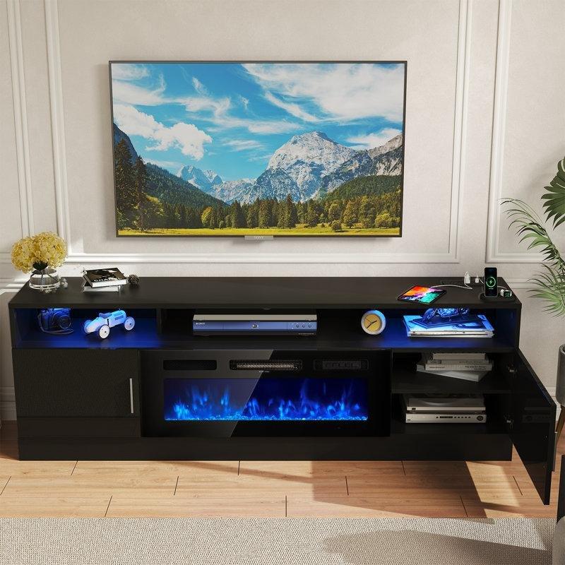 Siyah Sunta Şömineli LED Işıklı Prizli Aynalı TV Ünitesi - 201 cm - 222076