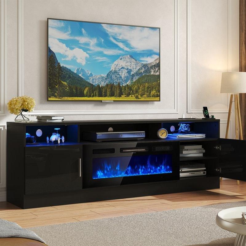 Siyah Sunta Şömineli LED Işıklı Prizli Aynalı TV Ünitesi - 201 cm - 222076