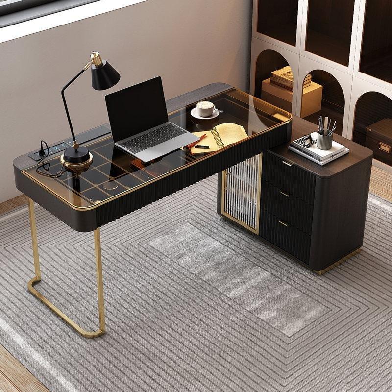 Siyah Temperli Cam Gold Paslanmaz Çelik Ayaklı L Tipi Prizli ve Çekmeceli Ofis Masası - 177085