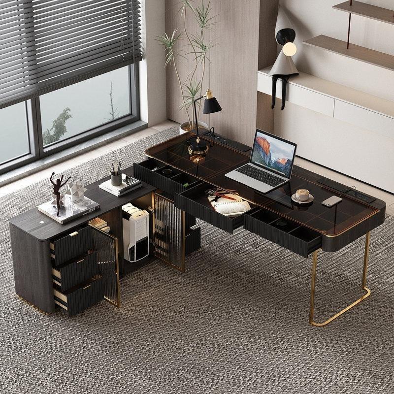 Siyah Temperli Cam Paslanmaz Çelik Ayaklı L Tipi Prizli ve USB Portlu LEDli Ofis Masası - 181 cm - 178430