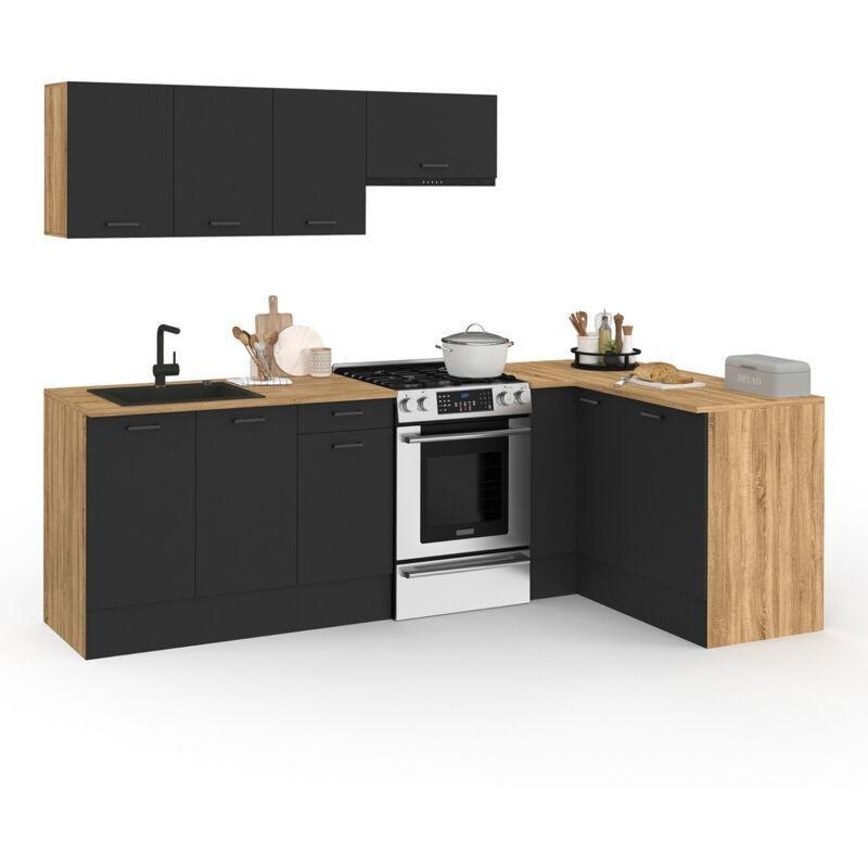 Siyah ve Ahşap Tasarım Melamin Kaplama Ayarlanabilir Raflı Köşe Mutfak Dolabı - 400 cm - 186294