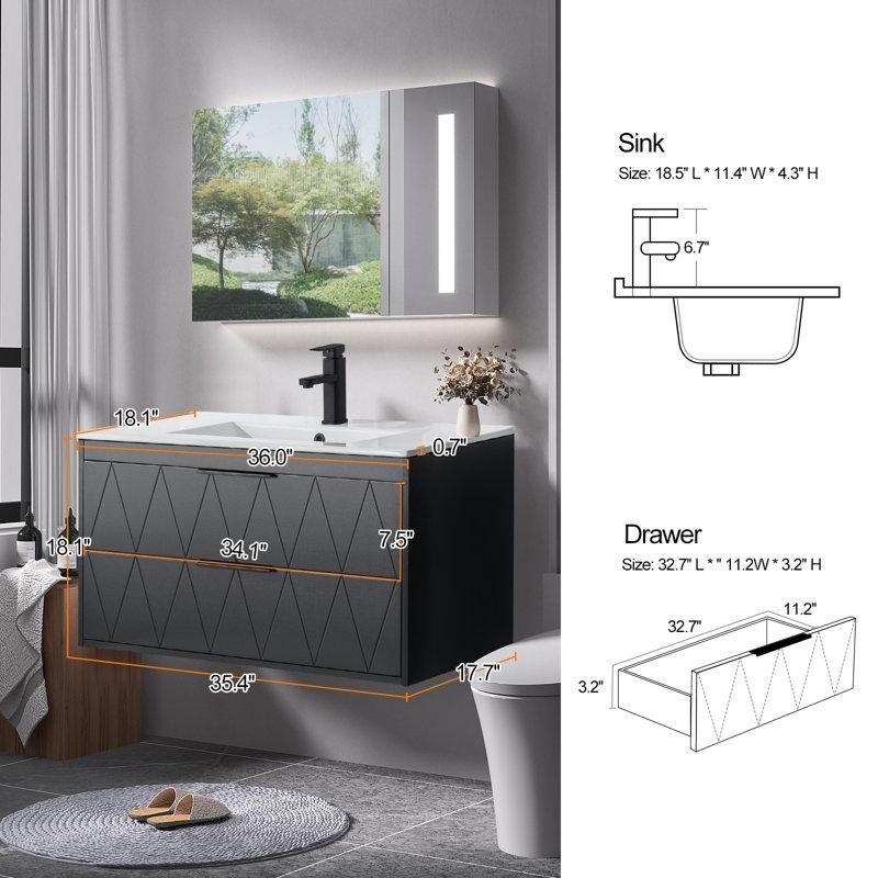 Siyah ve Beyaz Endüstriyel Ahşap Duvara Monte Yavaş Kapanan Çekmeceli Banyo Lavabo Dolabı - 92 cm - 198929