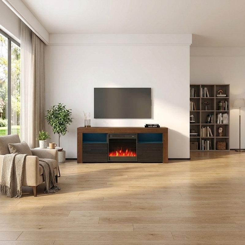 Siyah ve Ceviz Rengi Suntalam LED Aydınlatmalı ve Elektrikli Şömineli TV Ünitesi - 147 cm - 221059