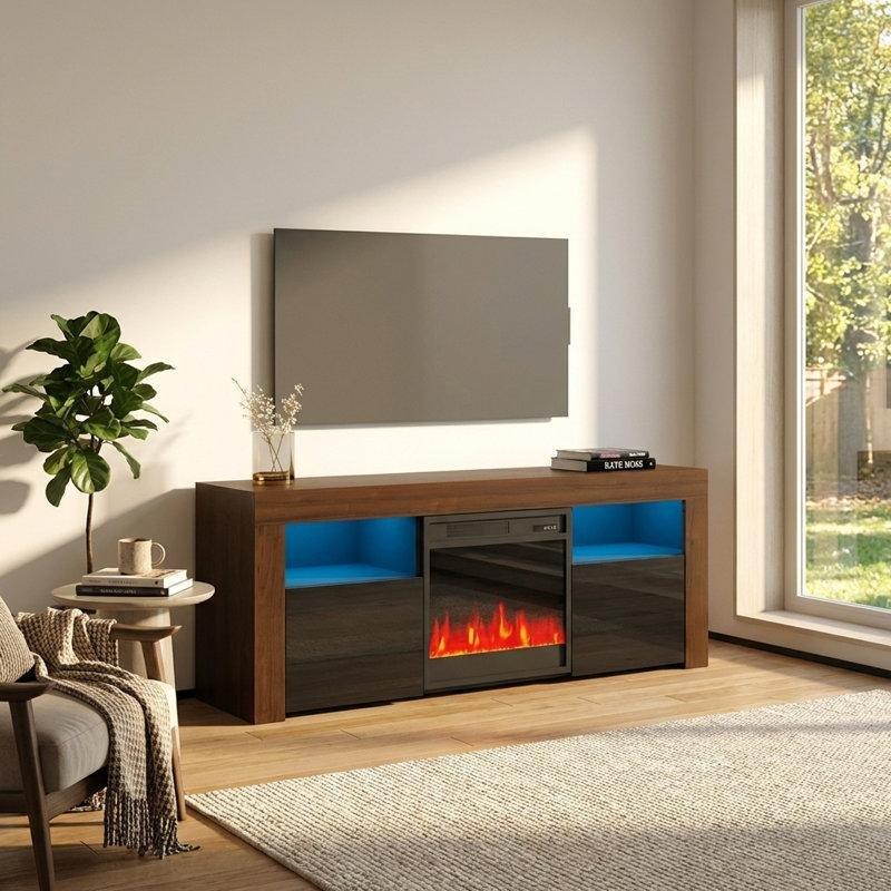 Siyah ve Ceviz Rengi Suntalam LED Aydınlatmalı ve Elektrikli Şömineli TV Ünitesi - 147 cm - 221059