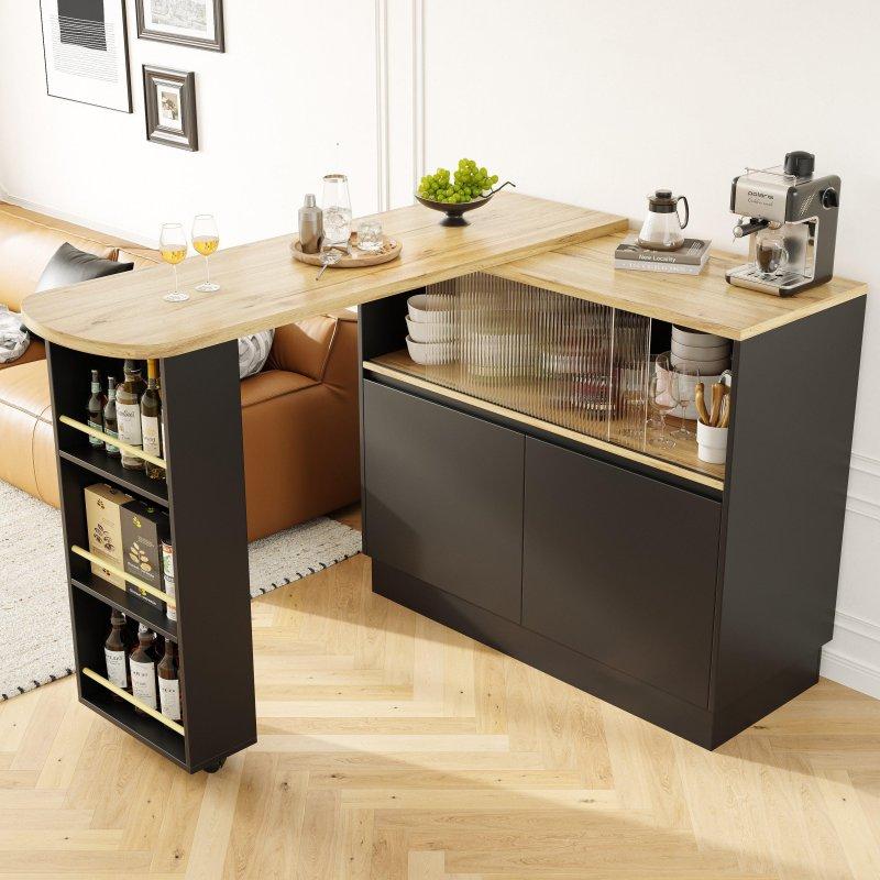 Siyah ve Doğal Ahşap MDF 360 Derece Dönebilen Dolaplı Bar Masası - 120x45x103 cm - 232664