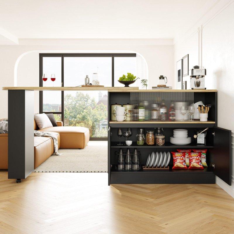Siyah ve Doğal Ahşap MDF 360 Derece Dönebilen Dolaplı Bar Masası - 120x45x103 cm - 232664