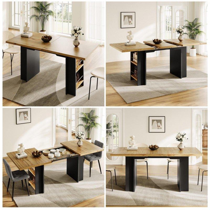 Siyah ve Doğal MDF Açılabilir Dikey Yivli Bohem Yemek Masası - 120-160 cm - 236089