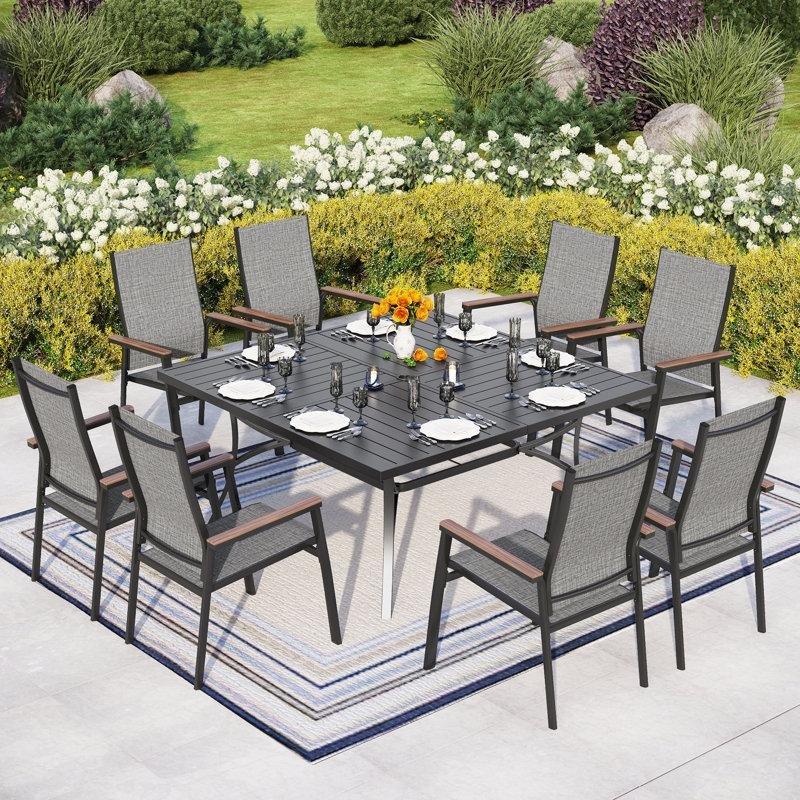 Siyah ve Gri Metal 8 Kişilik Şemsiye Delikli Kare Bahçe Masa Takımı - 153x153 cm - 216766