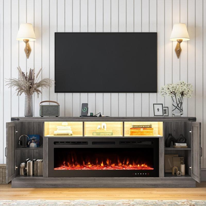 Siyah ve Kahverengi Country Tarzı MDF Elektrikli Şömineli Prizli TV Ünitesi - 197 cm - 221075