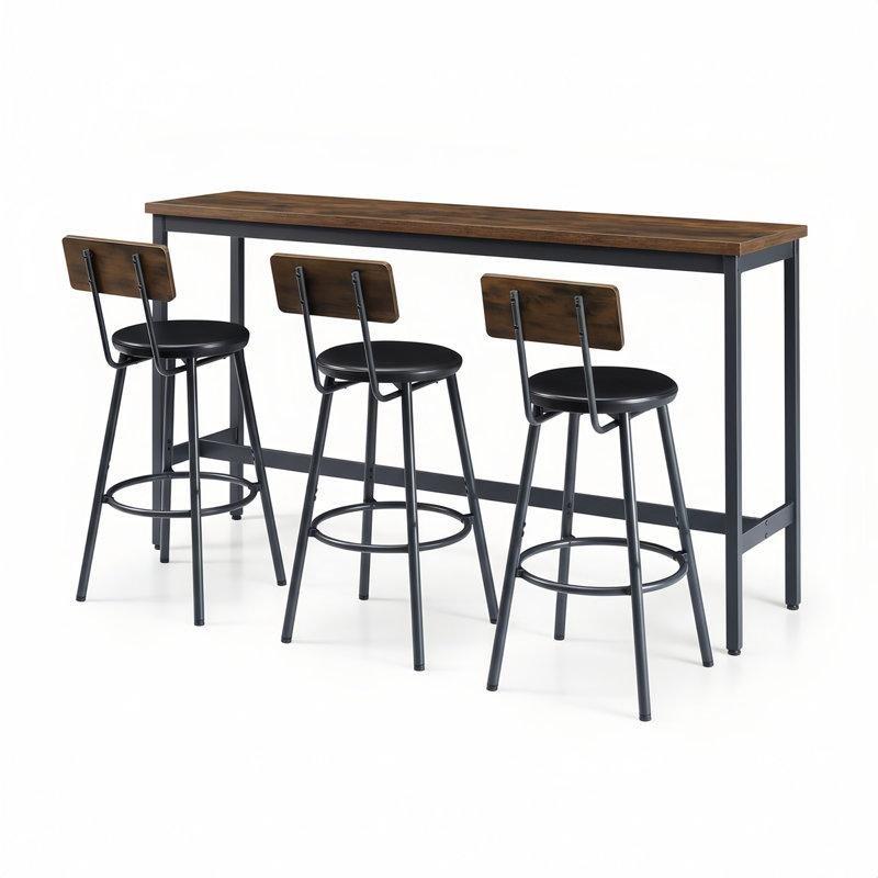 Siyah ve Kahverengi Metal 3 Tabureli Endüstriyel Bar Masası Seti - 160x40 cm - 231640