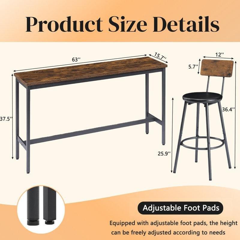 Siyah ve Kahverengi Metal 3 Tabureli Endüstriyel Bar Masası Seti - 160x40 cm - 231640
