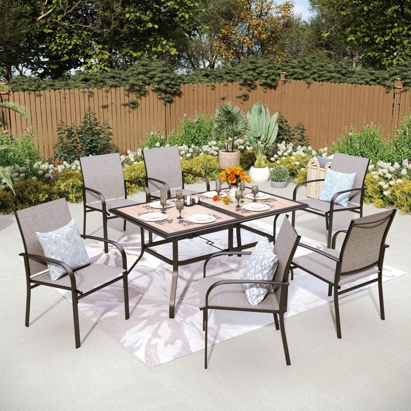 Siyah ve Kahverengi Metal Şemsiye Delikli 6 Kişilik Dikdörtgen Bahçe Masa Takımı - 214607
