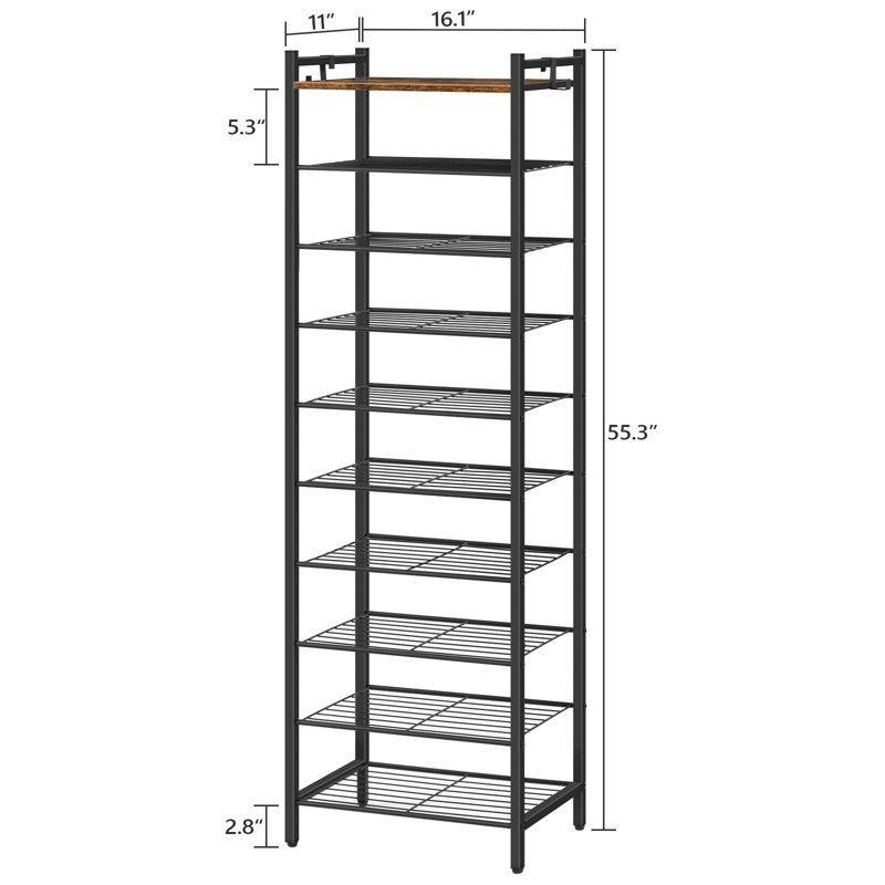Siyah ve Kahverengi Metal ve Ahşap 10 Katlı Kancalı Ayakkabılık - 41x28x140 cm - 227843