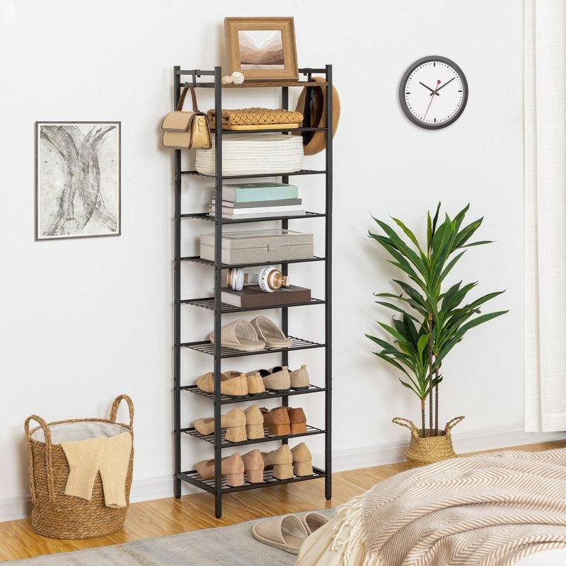 Siyah ve Kahverengi Metal ve Ahşap 10 Katlı Kancalı Ayakkabılık - 41x28x140 cm - 227843