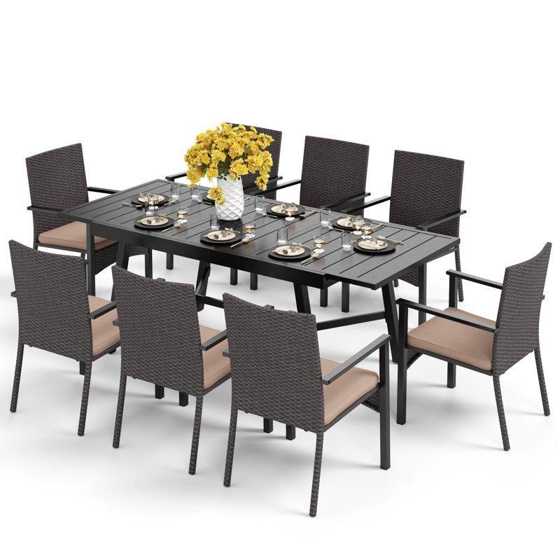 Siyah ve Kahverengi Rattan Metal Açılır Minderli 8 Kişilik Bahçe Masa Takımı - 215403