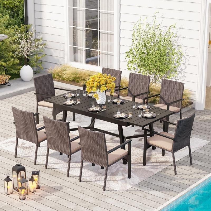 Siyah ve Kahverengi Rattan Metal Açılır Minderli 8 Kişilik Bahçe Masa Takımı - 215403