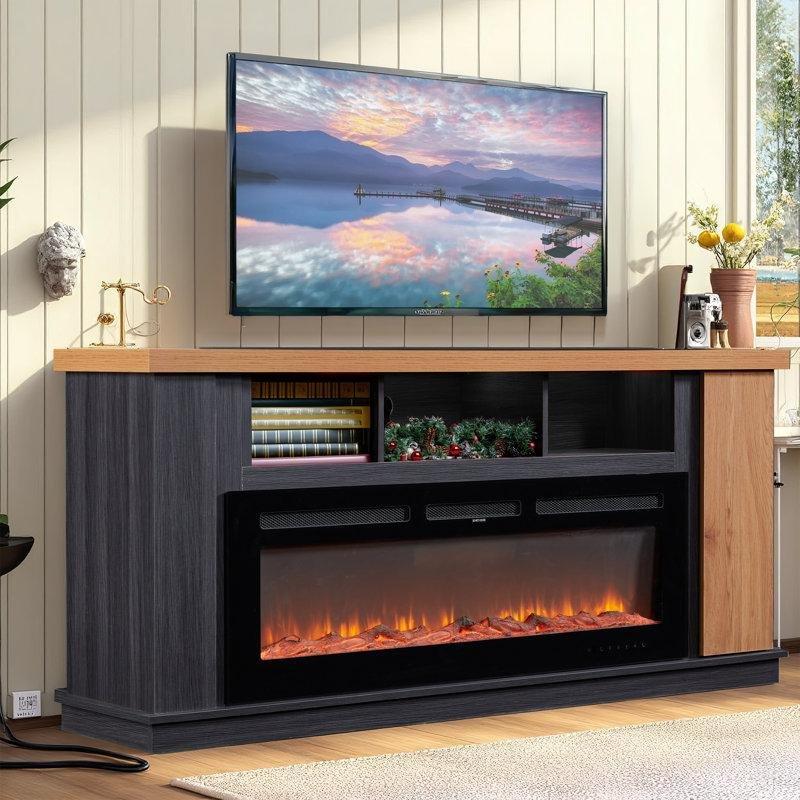 Siyah ve Meşe MDF Kır Evi Tarzı Elektrikli Şömineli TV Ünitesi - 178 cm - 220483