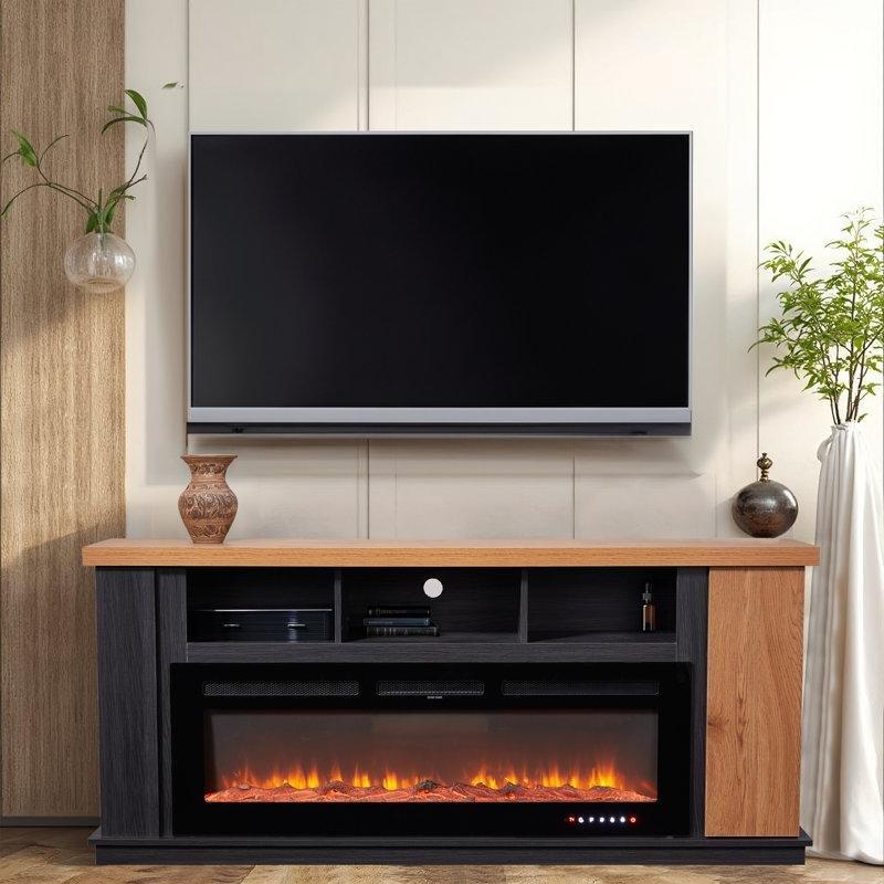 Siyah ve Meşe MDF Kır Evi Tarzı Elektrikli Şömineli TV Ünitesi - 178 cm - 220483