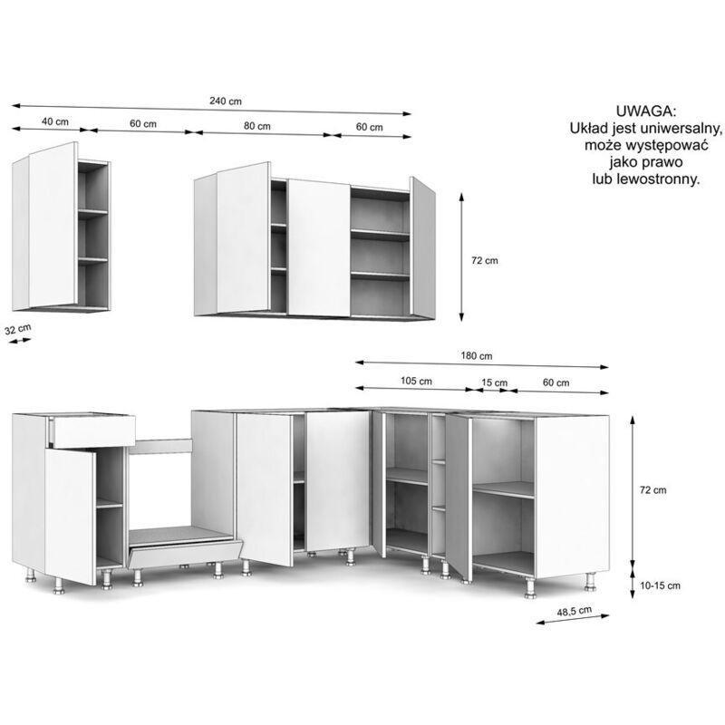 Siyah ve Meşe Tezgahlı Köşe Mutfak Modeli - 240 x 180 cm - 186012