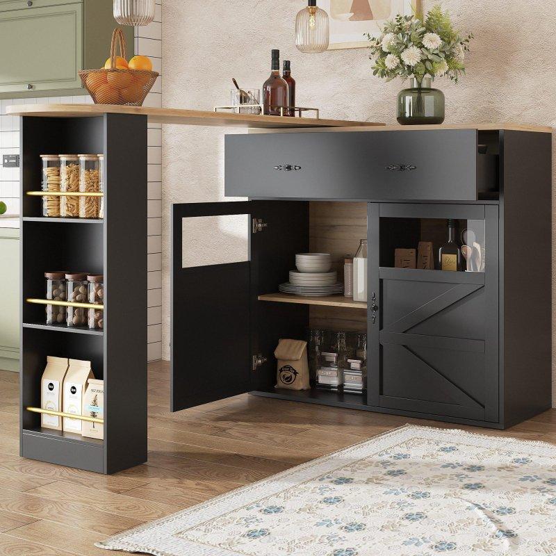 Siyah ve Naturel MDF 360° Dönebilen Dolaplı Raflı Bar Masası - 204 cm - 232295