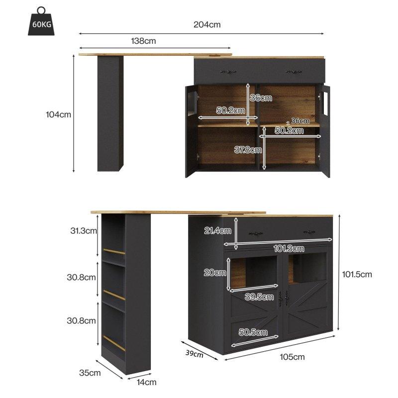 Siyah ve Naturel MDF 360° Dönebilen Dolaplı Raflı Bar Masası - 204 cm - 232295