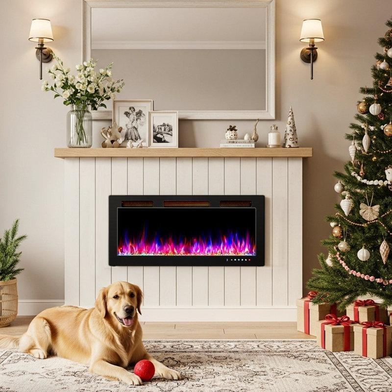 Siyah Wi-Fi Kontrollü 12 Alev Renkli Duvara Monte Elektrikli Şömine - 77 cm - 184062