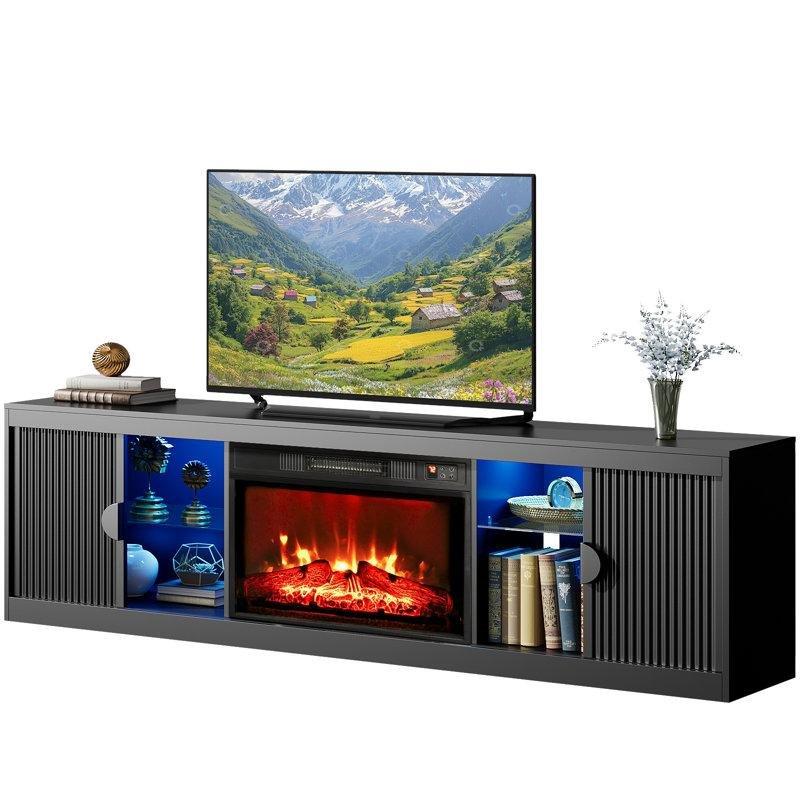 Siyah Yivli Sürgülü Kapaklı LED Işıklı Elektrikli Şömineli TV Ünitesi - 178 cm - 222392