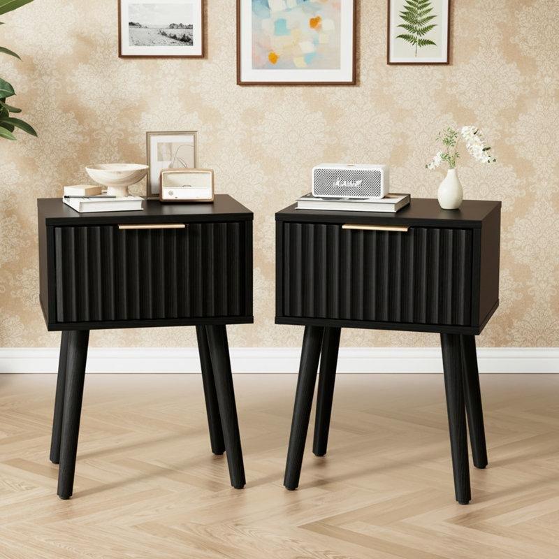 Siyah Yivli Tek Çekmeceli Yüksek Ayaklı İkili Komodin Seti - 40x30x55 cm - 222886