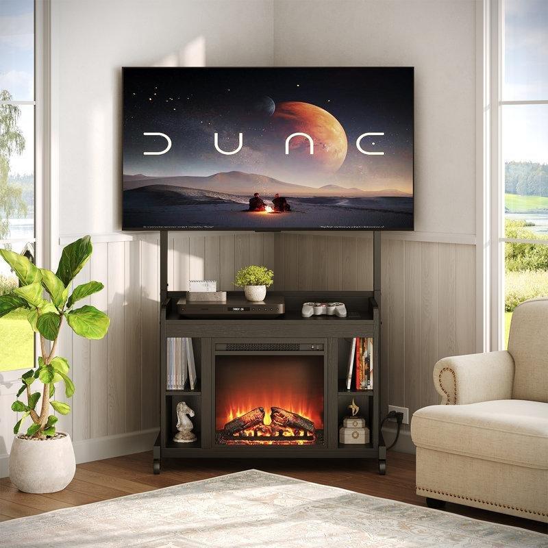 Siyah Yonga Levha Şömineli ve TV Askı Aparatlı Tekerlekli TV Ünitesi - 83x130 cm - 220898